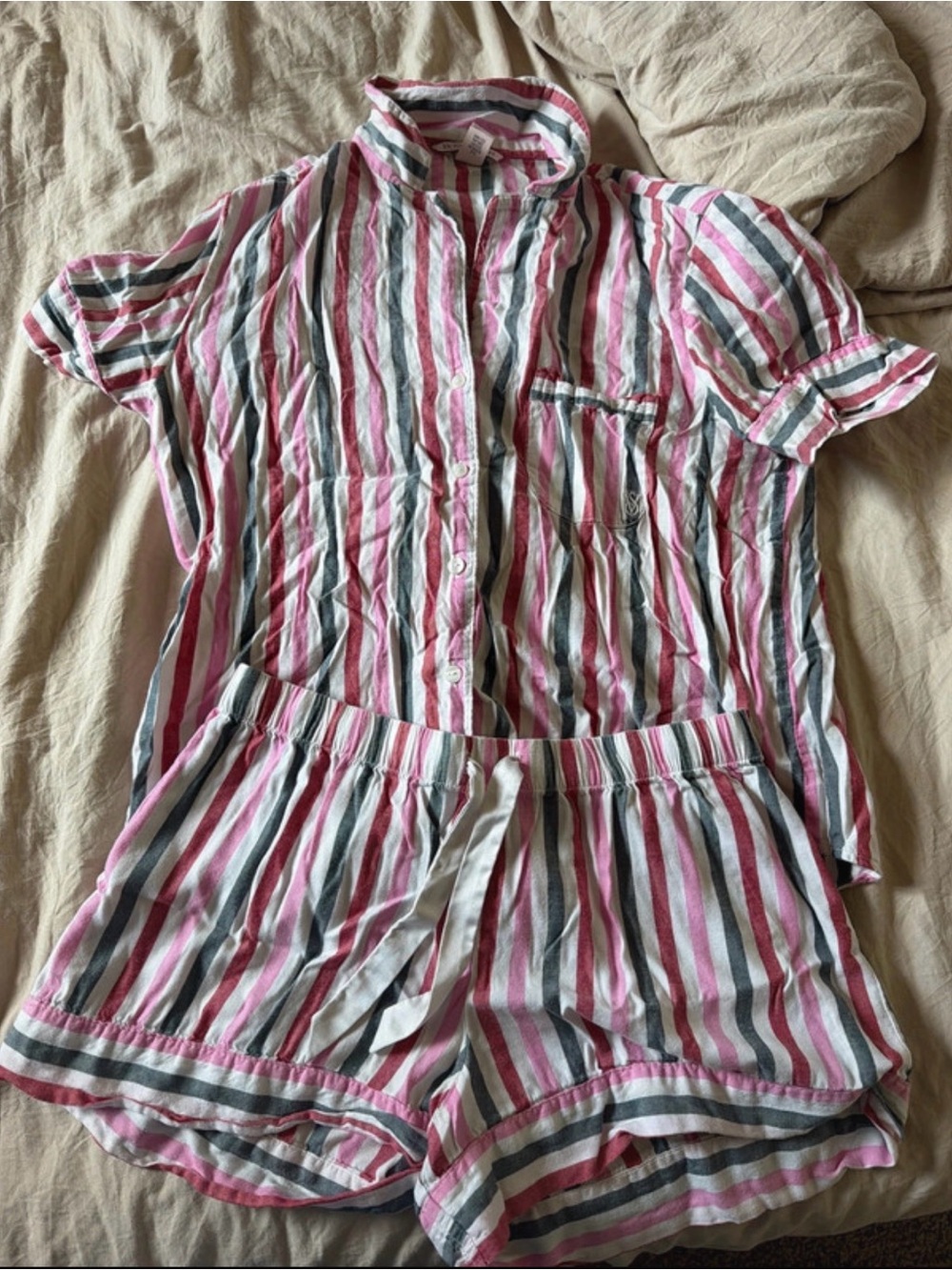 Victoria's Secret Pink, White & Gray Striped Short Pajama Set